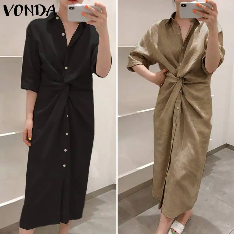 Женское платье с отложным воротником VONDA повседневное свободное однотонное