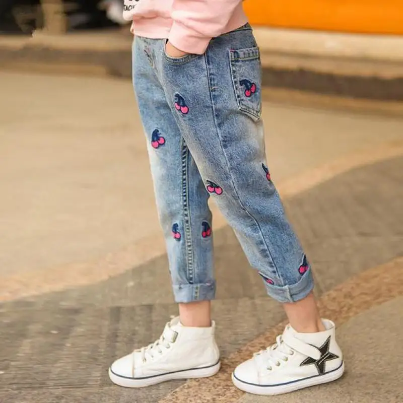 

YK Girls autumn winter cherry printed denim pants kids jeans kids trousers for teenagers ripped jeans 3-12Years