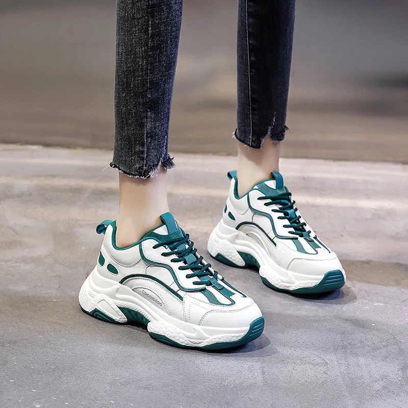 

Jookrrix 2020 Women Spring Female Genuine Leather Sneakers Women Increased 6cm Chunky Shoes Fashion Wedges Thick Sole Shoes