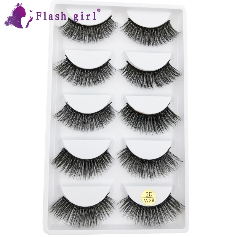 

Flash Girl Makeup 5D-W28 100% Real Mink Eyelashes Private Label Mink Eyelashes 5 Pairs Full Strip Eyelashes