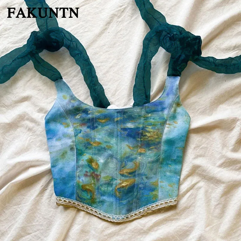 

FAKUNTN 2021 Summer Women's Corset Top Sexy Backless Lace Up Cami Fashion Oil Painting Print Sleeveless Y2k Short Tank Top Bra