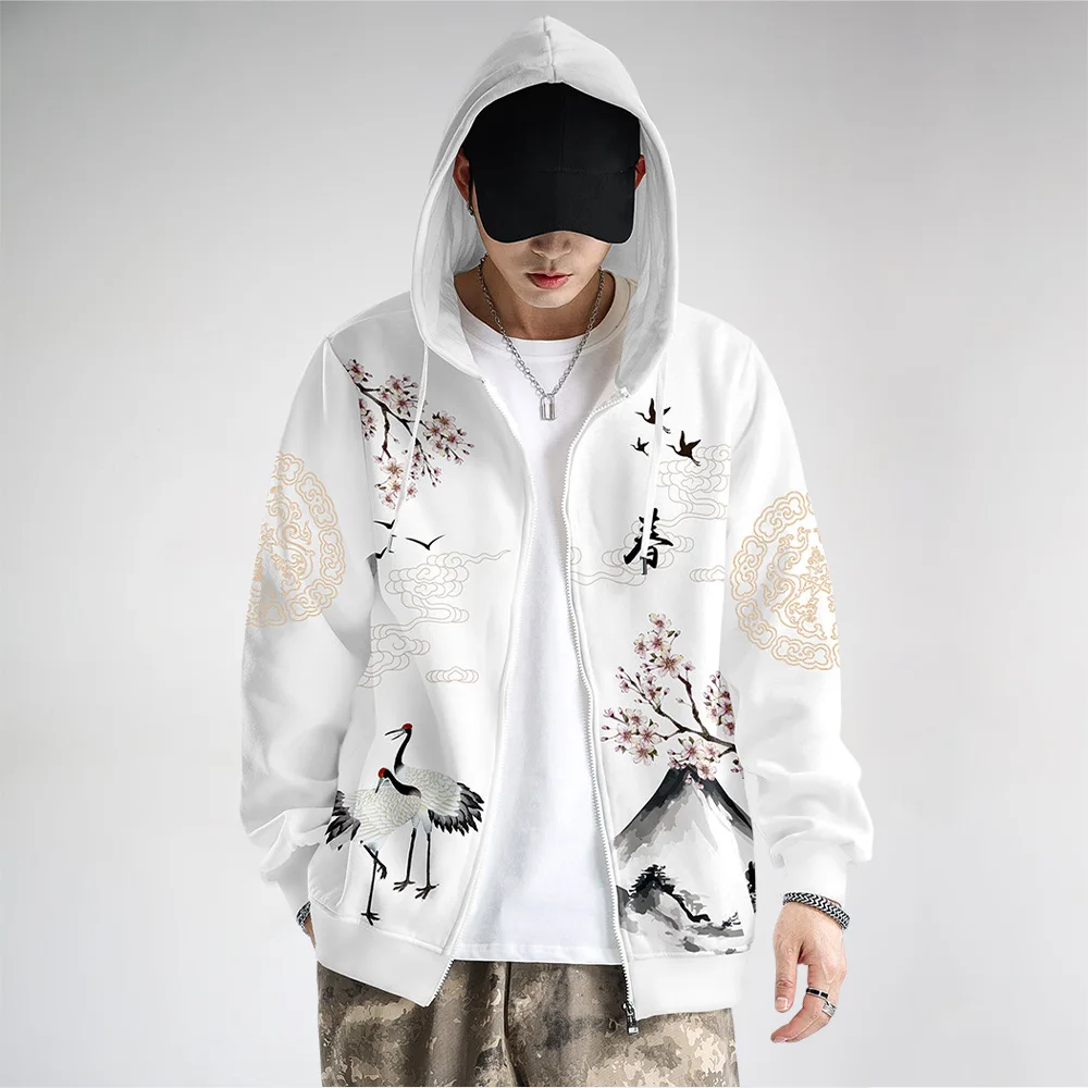 

Chinese Style White Crane Print Jackets Long Sleeve Clothes Men Hoodies Sweatshirts Clothing Zipper Tops