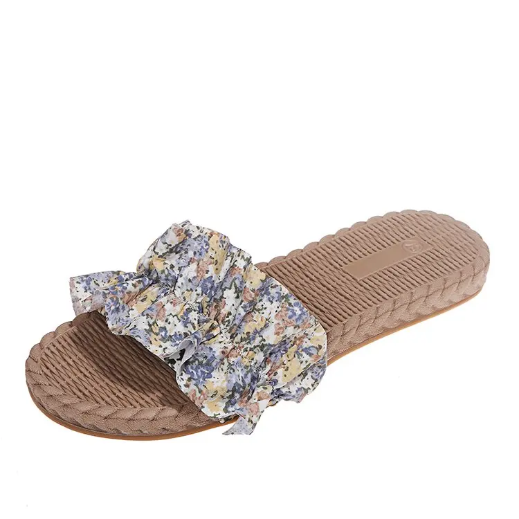 

Shoes Women Lady Flower Slippers Casual Slides Low Pantofle Soft Girl Luxury Flat Summer 2021 Basic Hoof Heels PU Fashion Fabri