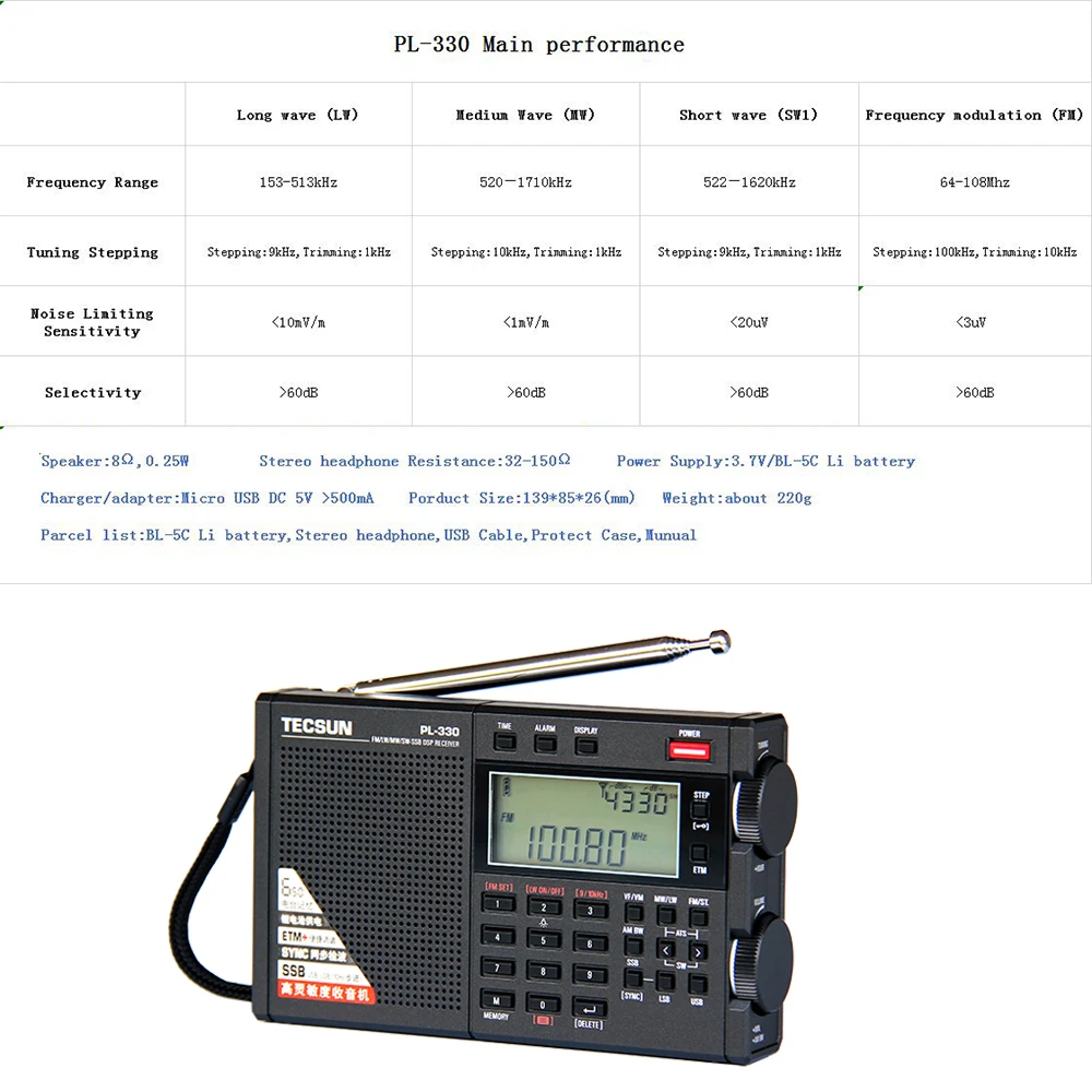 

Original Tecsun PL-330 Radio Receiver FM/MW/SW/LW all band portable radio FM + BL-5C Battery