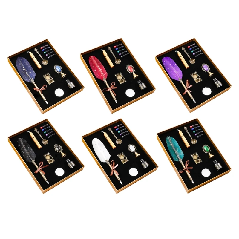 

A Set Of Retro Gothic Feather Pen Wax Stamp Set Gift Box Calligraphy Writing Pen Set Office Supplies Gift