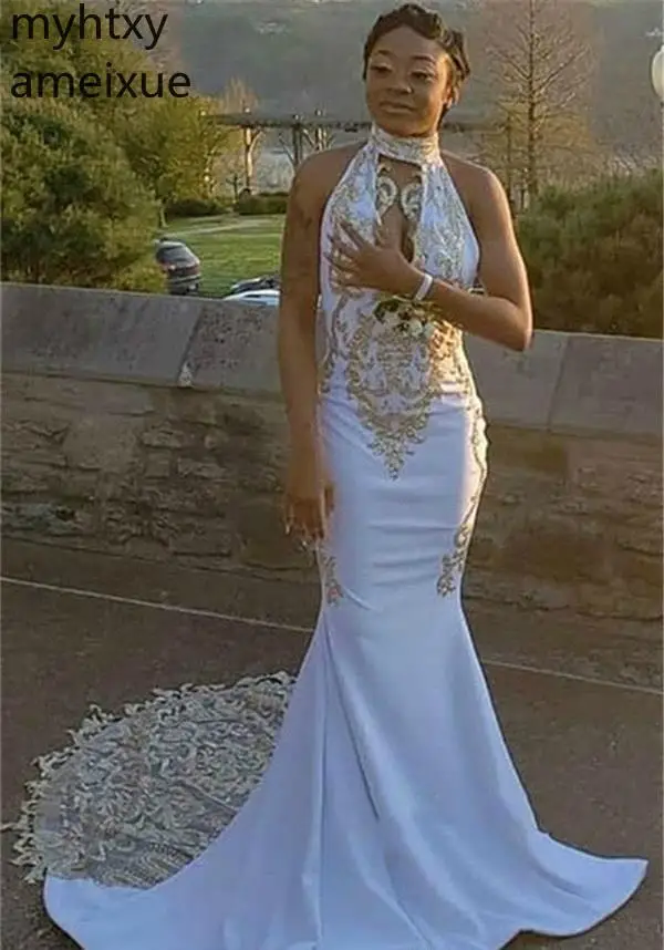 Женское атласное платье-Русалка белое платье без рукавов с золотистой