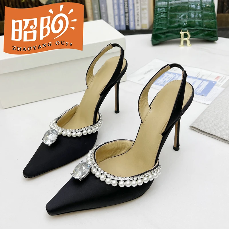 

2022 spring and summer new 9.5cm high-heeled sandals women's silk face Rhinestone Beaded thin heel pointed slippers