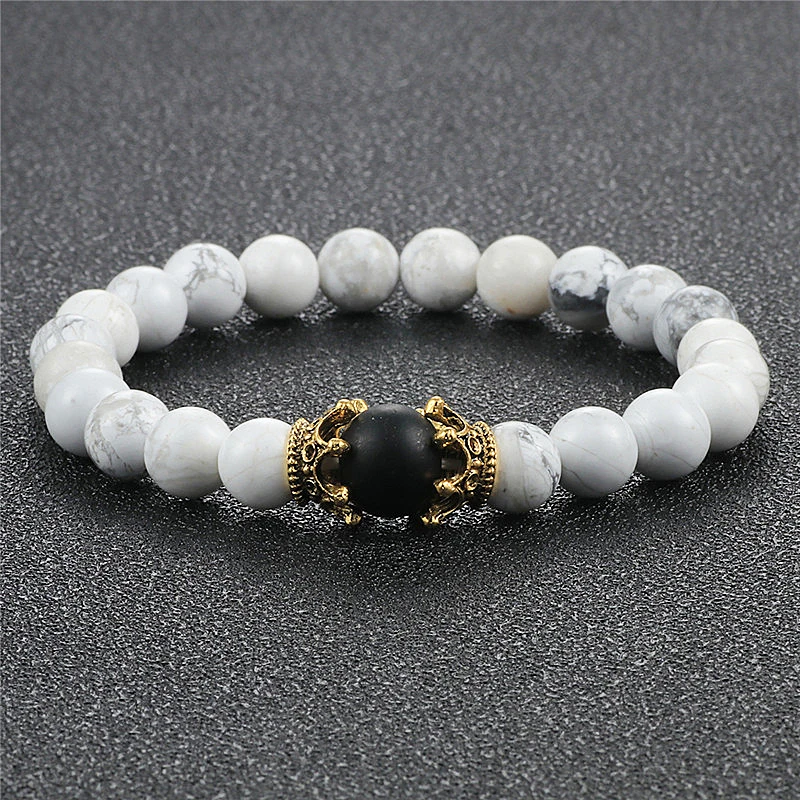 8mm Natural Matte Stone Black White Bead Charm Bracelets&ampBangle King Queen Crown Handmade Elastic Bracelet for Woemn Men Jewelry |