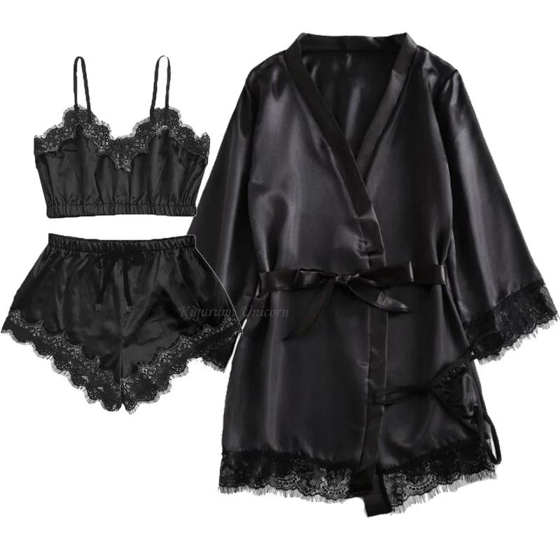 

4 шт. Женская атласная кружевная сетчатая одежда для сна черного цвета Домашняя одежда ночная рубашка пижамный комплект Женская пикантная о...