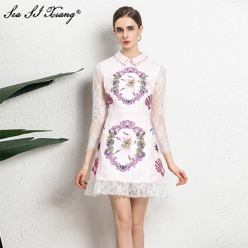 

Seasixiang Fashion Designer Summer Dress Women's Beading Turn-down Collar Lace Long Sleeve Vintage Floral Print Short Dresses