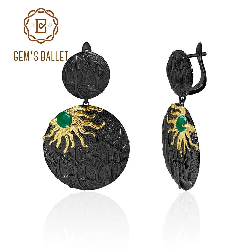 

GEM'S BALLET 925 Sterling Silver Handmade Fine Jewelry Sun Chaser Story Natural Green Agate Gemstone Drop Earrings For Women