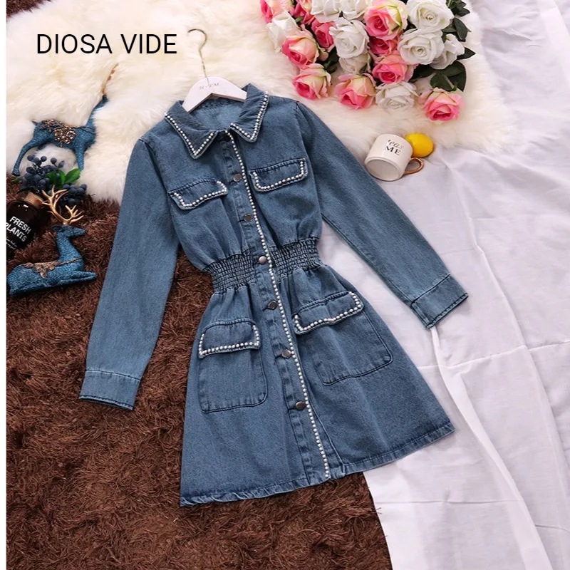 Женское джинсовое платье с воротником стойкой длинным рукавом и двумя