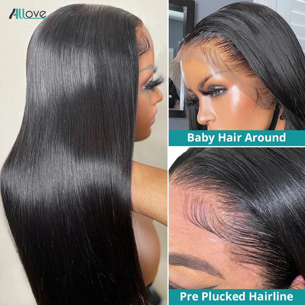 Allove прямые человеческие волосы парики прозрачные кружевные для женщин