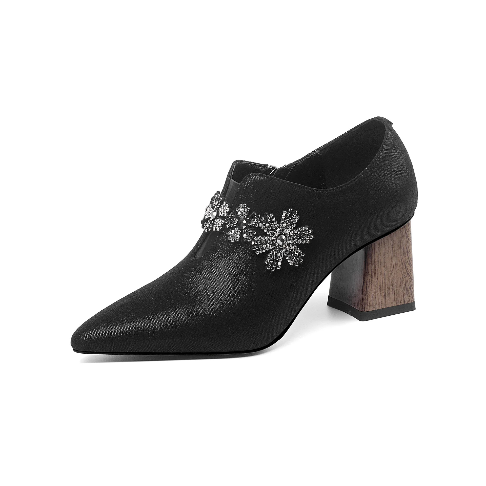 

Leather pointed middle heel 6cm single shoe three dimensional flower side zipper size low top women's shoes V-shaped mouth