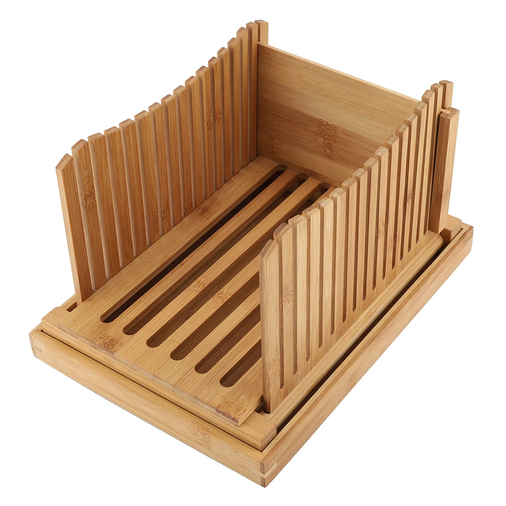 

Foldable Bamboo Bread Slicer Guide with Crumb Catching Tray