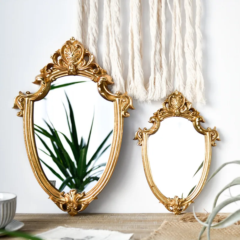 

Nordic Makeup Mirror Old Design Embossed Hanging Mirror Luxury style Bedroom Homestay Decoration Retro Golden Vanity Mirrors