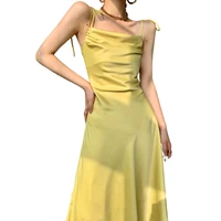 women sexy summer a line dress adults sleeveless tie up solid yellow color boat neck spaghetti strap satin backless long dress