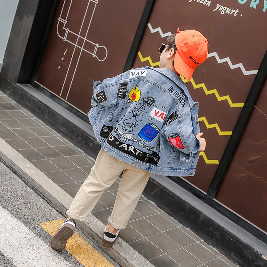 НОВЫЕ куртки для мальчиков джинсовая куртка с рисунком граффити Повседневная