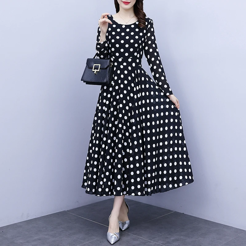 Женское платье-миди в горошек TingYiLi черное пляжное платье-трапеция с длинным