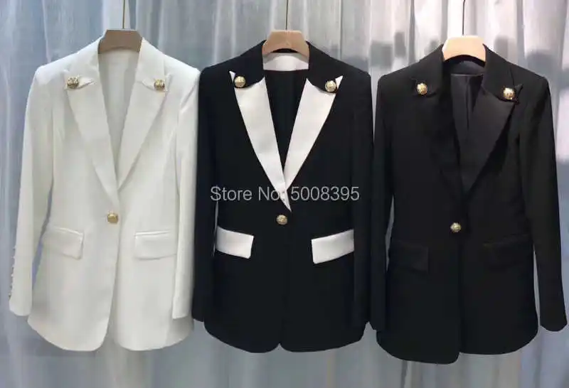 

Black White Contrast Color blazer Single Button Gold Notched Collar with Buttoned Long SLeeved Flap Pockets SUIT WOMAN
