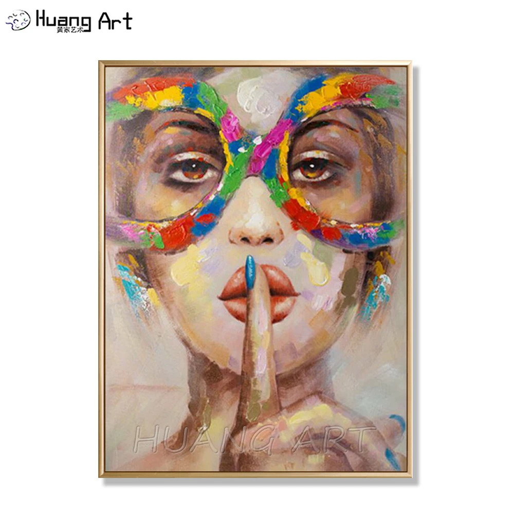 

Handmade Woman Making Quiet Gesture Figure Oil Painting on Canvas Modern Abstract Woman Portrait Oil Painting Wall Art Picture