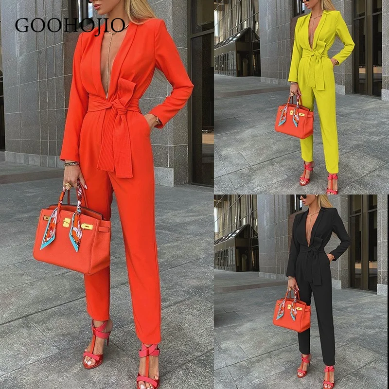 

Новинка 2021 года, весенне-осенняя уличная одежда GOOHOJIO, повседневные Комбинезоны, женский Профессиональный комбинезон для дам, цельный женск...