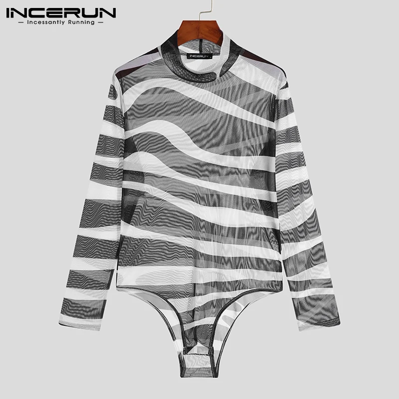 

Men Bodysuit Printed Mesh See Through Sexy Turtleneck Underwear Skinny Long Sleeve Rompers 2022 Pajamas Mens Bodysuits INCERUN