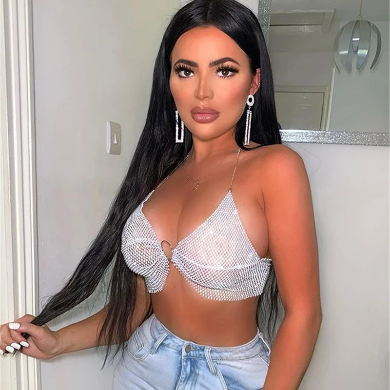 Женские сексуальные укороченные топы с лямкой на шее и пуш-ап блестящие