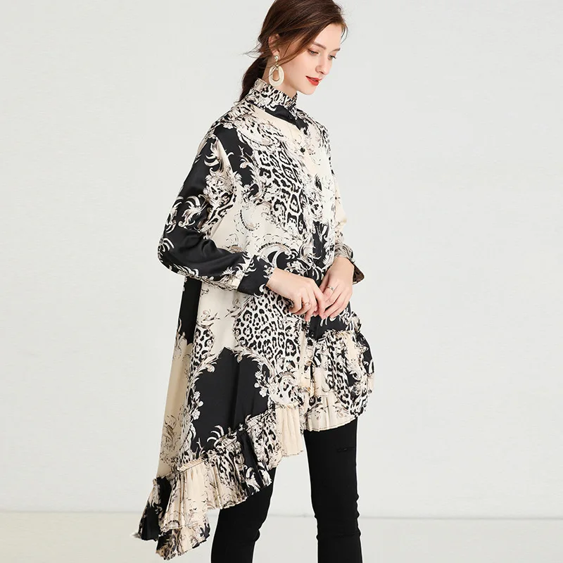 

European and American large size2021 spring new retro printed shirt elegant chiffon shirt loose large size top for women fashion