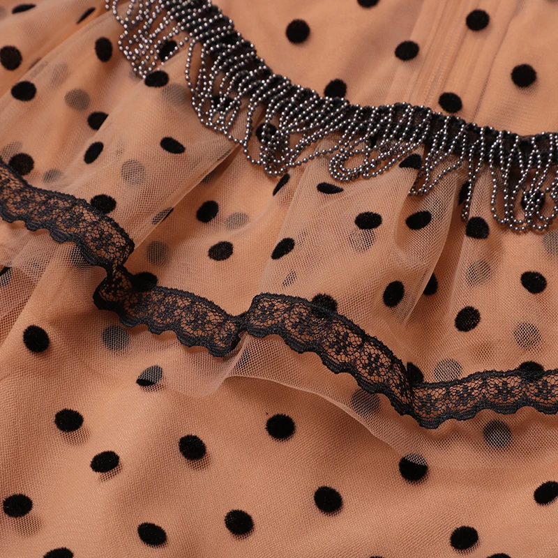 

VERDEJULIAY Elegant Dots Print Fairy Dresses Women A-Line Luxury Ruffles On Chest Ruffled Collar Flare Sleeve Lace Mini Dress