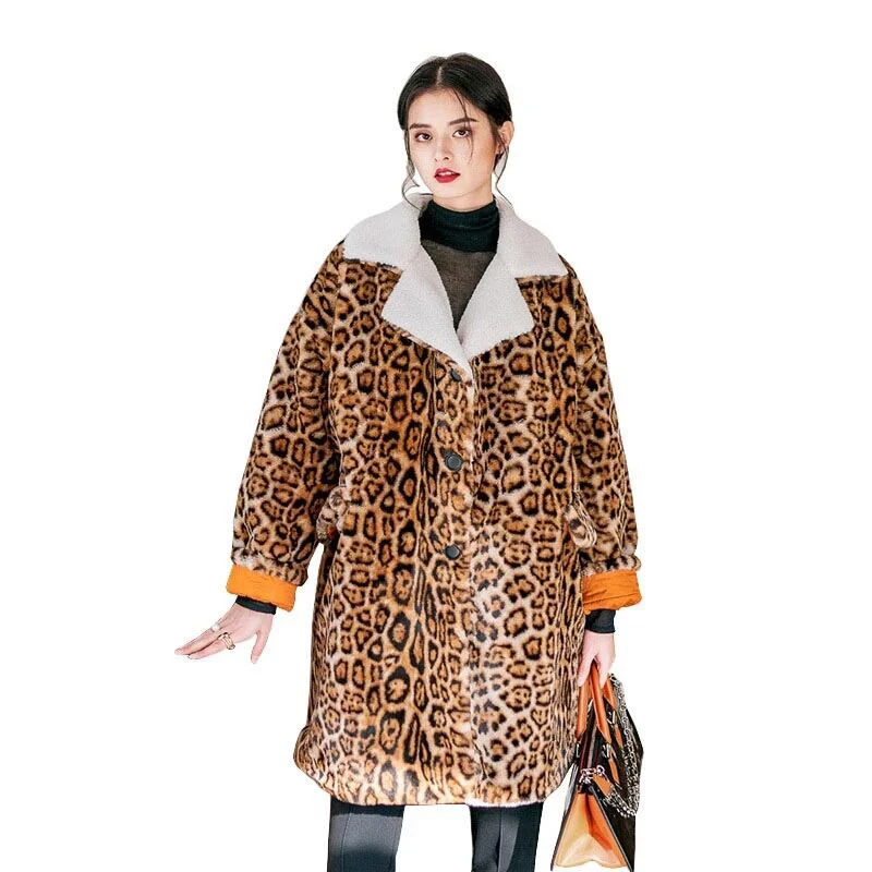 Женское леопардовое длинное меховое пальто плотное теплое зимнее с ночным