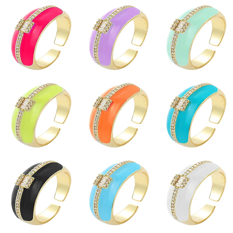 

2021 New Trend Glossy Surface Dripping Oil Micro lnlay Drill Rings For Women Lady's Gold Color Red Green Finger Ring Jewelr