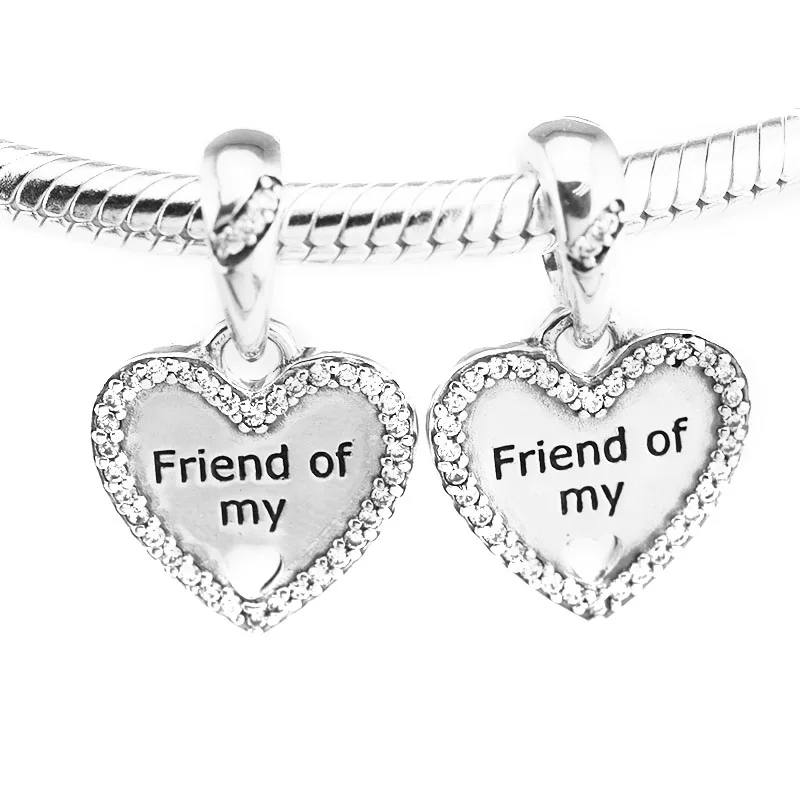 

Fits fashion Bracelets Hearts of Friendsh Charms with Clear CZ 100% 925 Sterling-Silver-Jewelry Beads Free Shipping