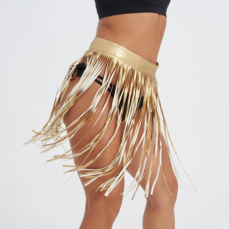 

Fashion Tassel Patchwork Irregular PU Skirt Cover Up Panties Hollow Out Sexy Empire Dancer Mini Skirts Nightclub Party For Lady