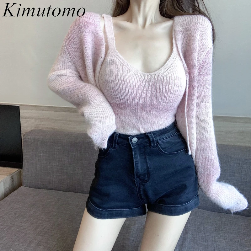 

Kimutomo Chic Gentle Knitting Set Woman Autumn New Ins Fashion Sweet Gradient Sling Long Sleeves Cardigan Versatile Female Suit