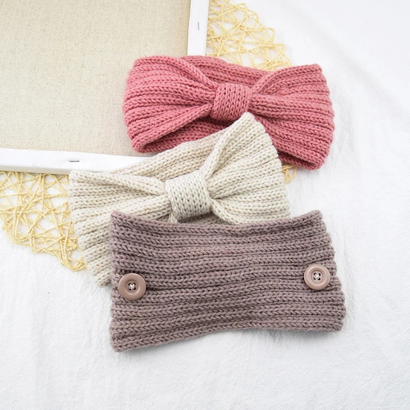 Вязаные повязки на голову с бантом эластичная повязка пуговицами шерстяная для
