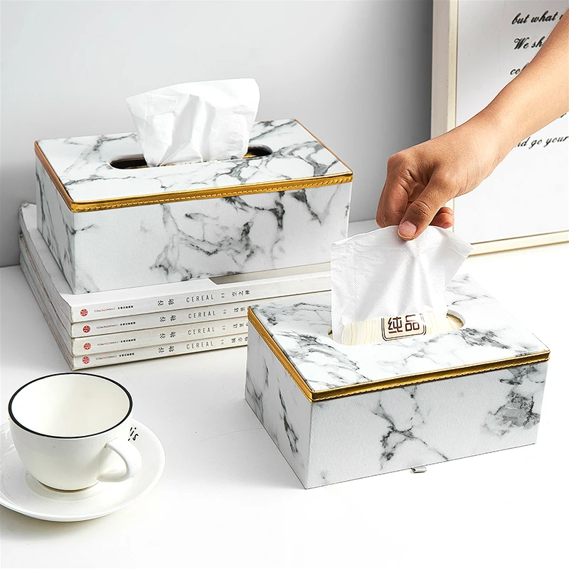 

Marble Pattern Tissue Box Leather Material Table Napkin Box Office Desk Living Room Bedroom Modern Home Decoration Tissue Box