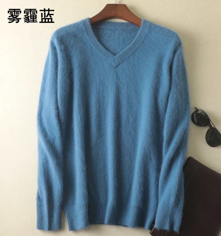 Пуловер мужской вязаный однотонный с V-образным вырезом длинным рукавом для зимы