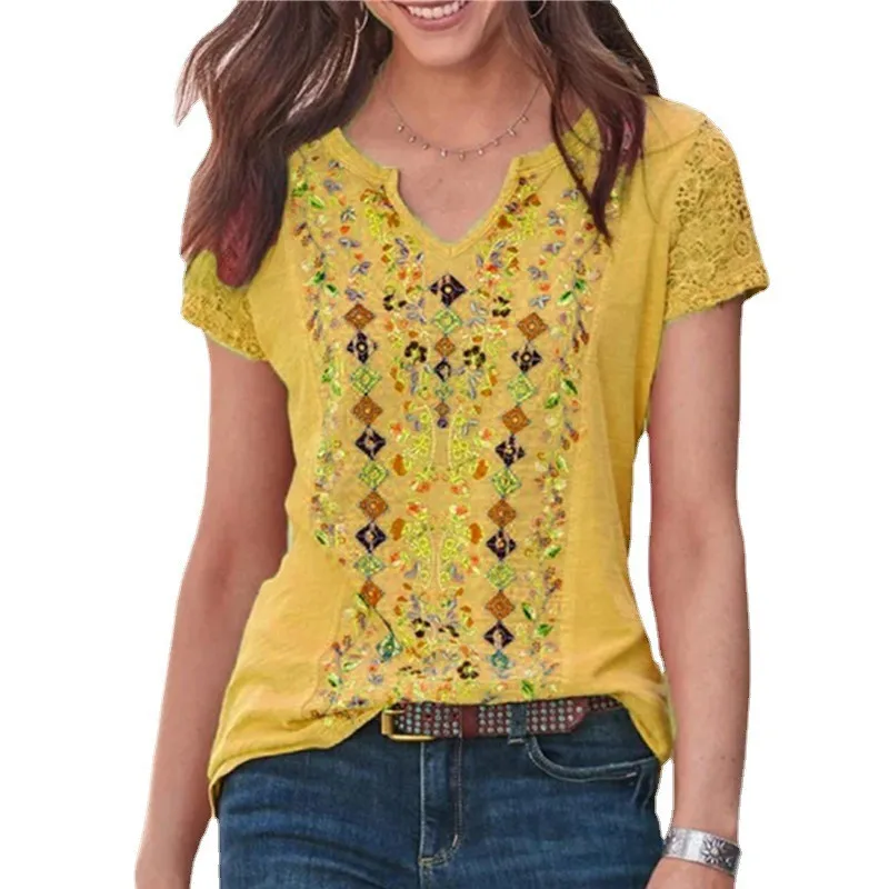 

Oversize V-neck Loose Summer Tee shirts Streetwear Casual 2021 New Tops Tees Vintage Print Hollow Out Short Sleeve Women Tshirts