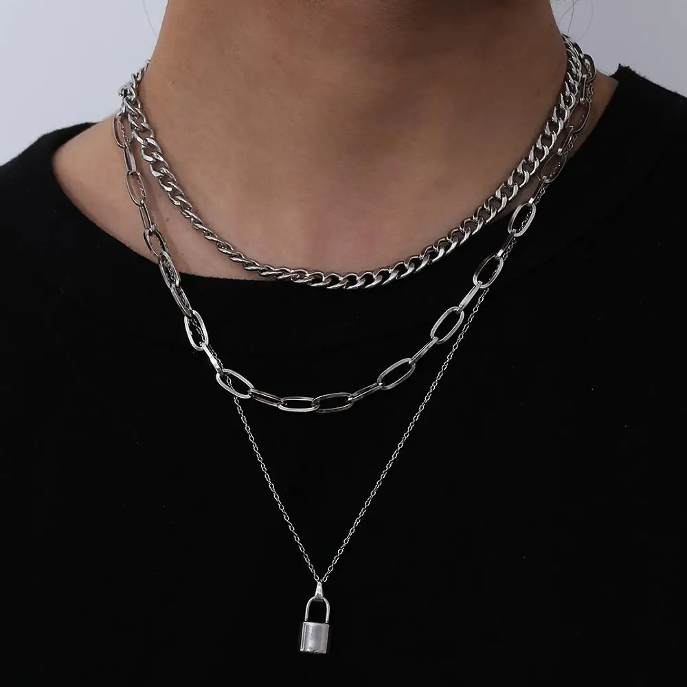 

3Pcs Stainless Steel Lock Necklace Layered Men Padlock Chains Padlock Pedant Necklace for Women Goth Lovers Choker Jewelry Charm