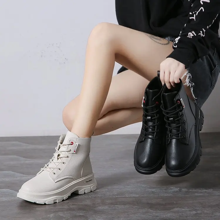 

New 2020 Women Ankle Boots PU Leather Lace-up Autumn Winter Shoes Woman Wedges Female Short Boots Ladies Botas