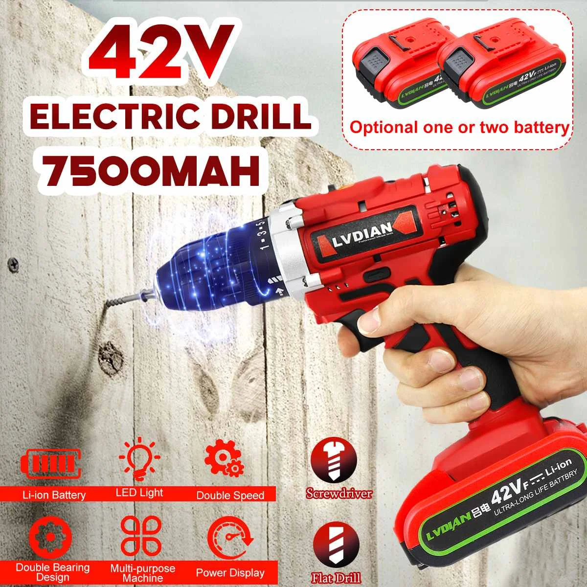 

1/2 Battery Electric Drill Electric Cordless Impact Drill 42V Double Speed 50Nm Screwdriver 25+1 Torque Power LED Light Polisher