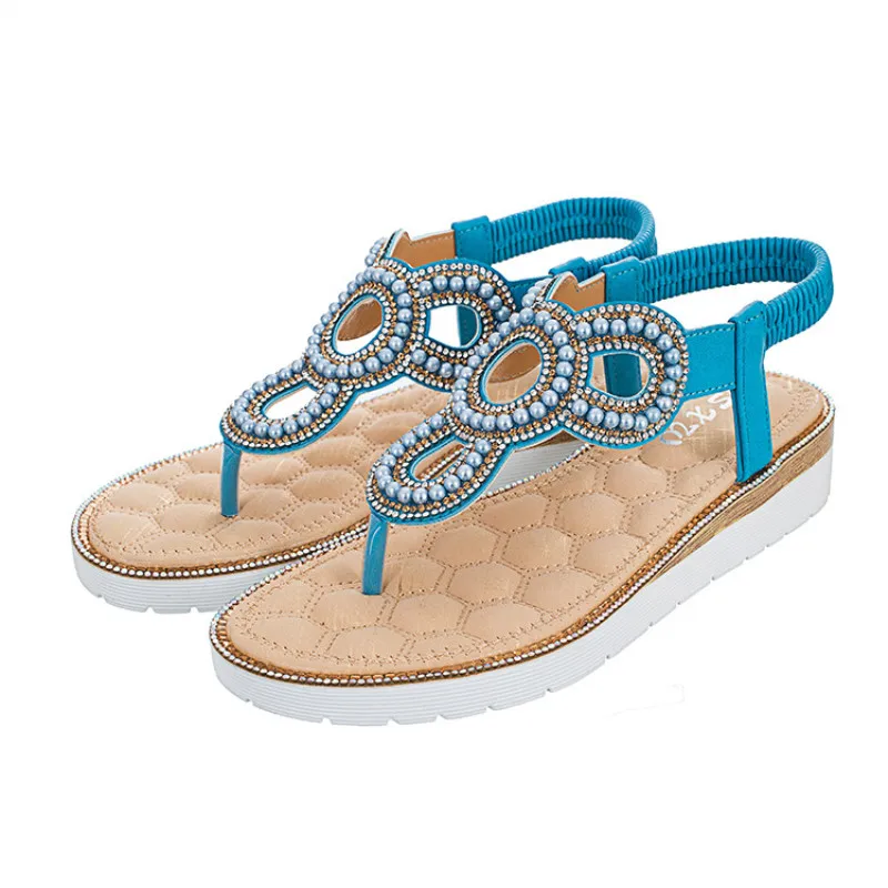 

Summer Beach Sandals Fashion Bohemian Style Women's Sandalias Gorgeous Rhinestone Flowers Flat Bottom Large Size Female Sandals