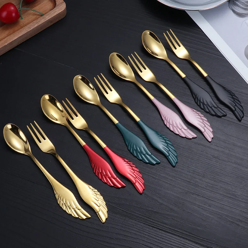 

Wing Spoon Fork Set Steel Tableware Golden Coffee Spoon Dessert Fork Three Tooth Fork Shop Gift 304 Stainless