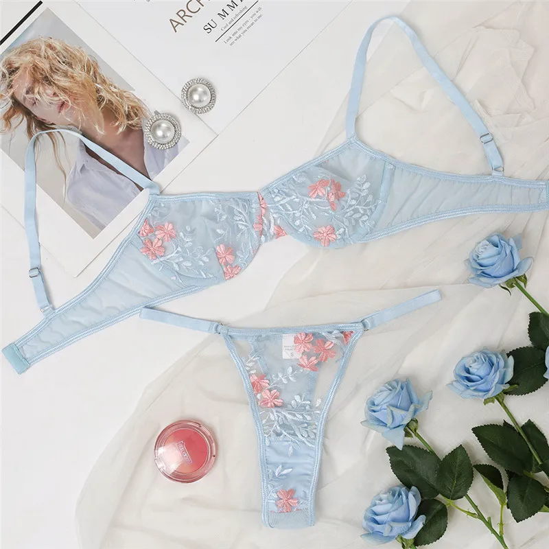 

Hjwsfdcai 2021 New Summer Piece Lace Embroidered Hip Style Underwear Set Women Blue Push up Bra Set See Through Lace Lingerie se
