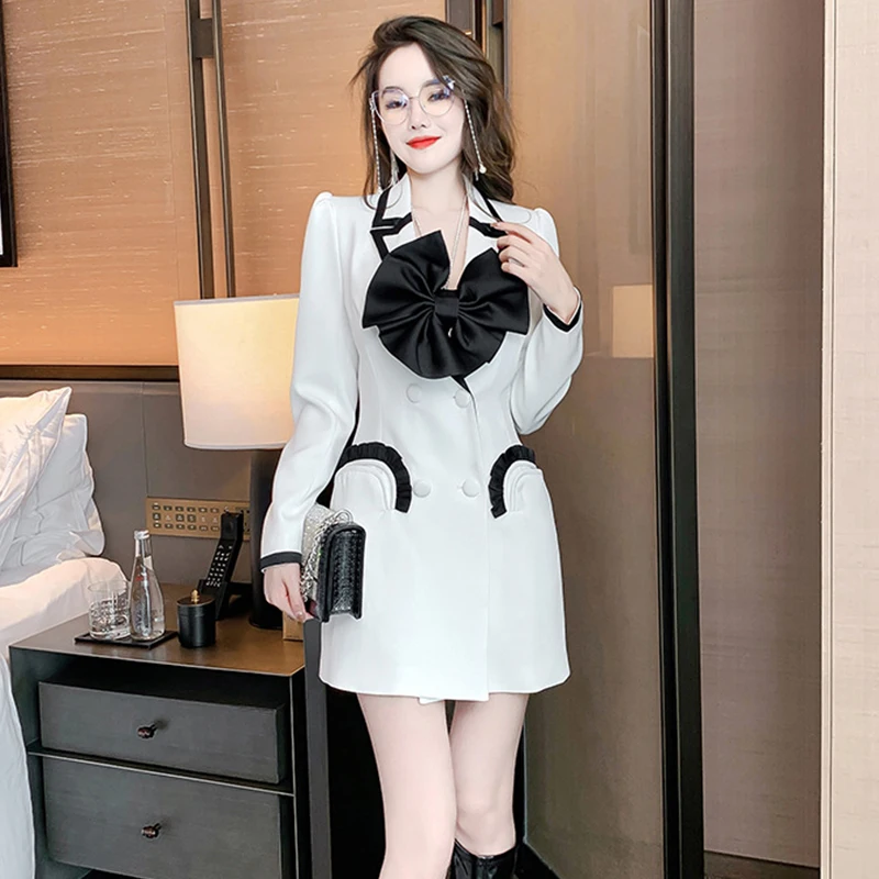 

Outfits Women Sweet Double Breasted Notched Neck Coat Jacket Blazer Suit Strap Bow Tops Short Shirt Evening Female 2 Pieces Sets