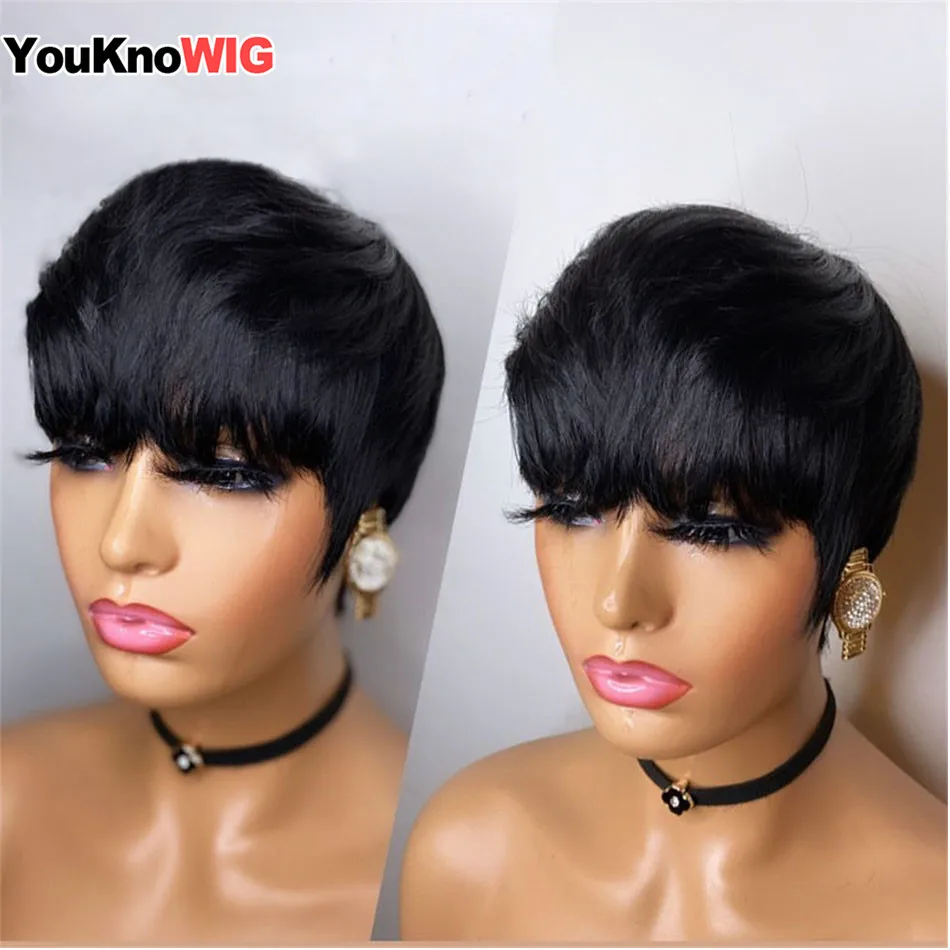 Короткий парик фея человеческие волосы прямые Remy бразильские для черных женщин