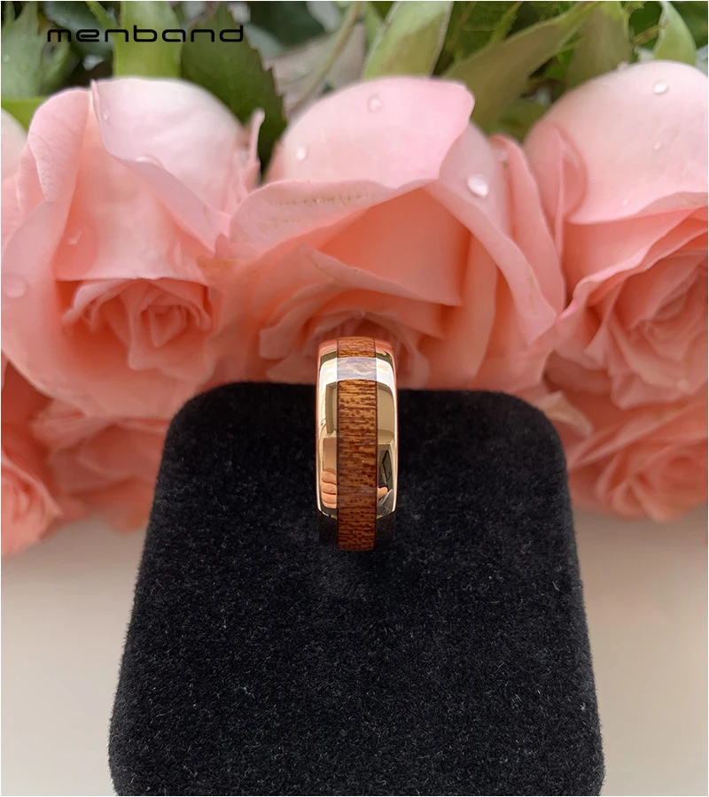Rose Gold Tungsten Ring Wedding Band For Men Women With Koa Wood Inlay Domed Polished Comfort Fit 8MM | Украшения и аксессуары