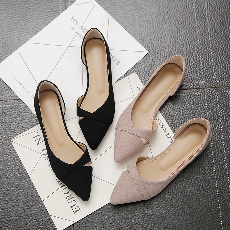 

Women Flats Shoes Pink Black Pure Color Plus Small Size 33 34 Large 43 44 Suede Leather Pointed Toe Office Lady Heel Shoe