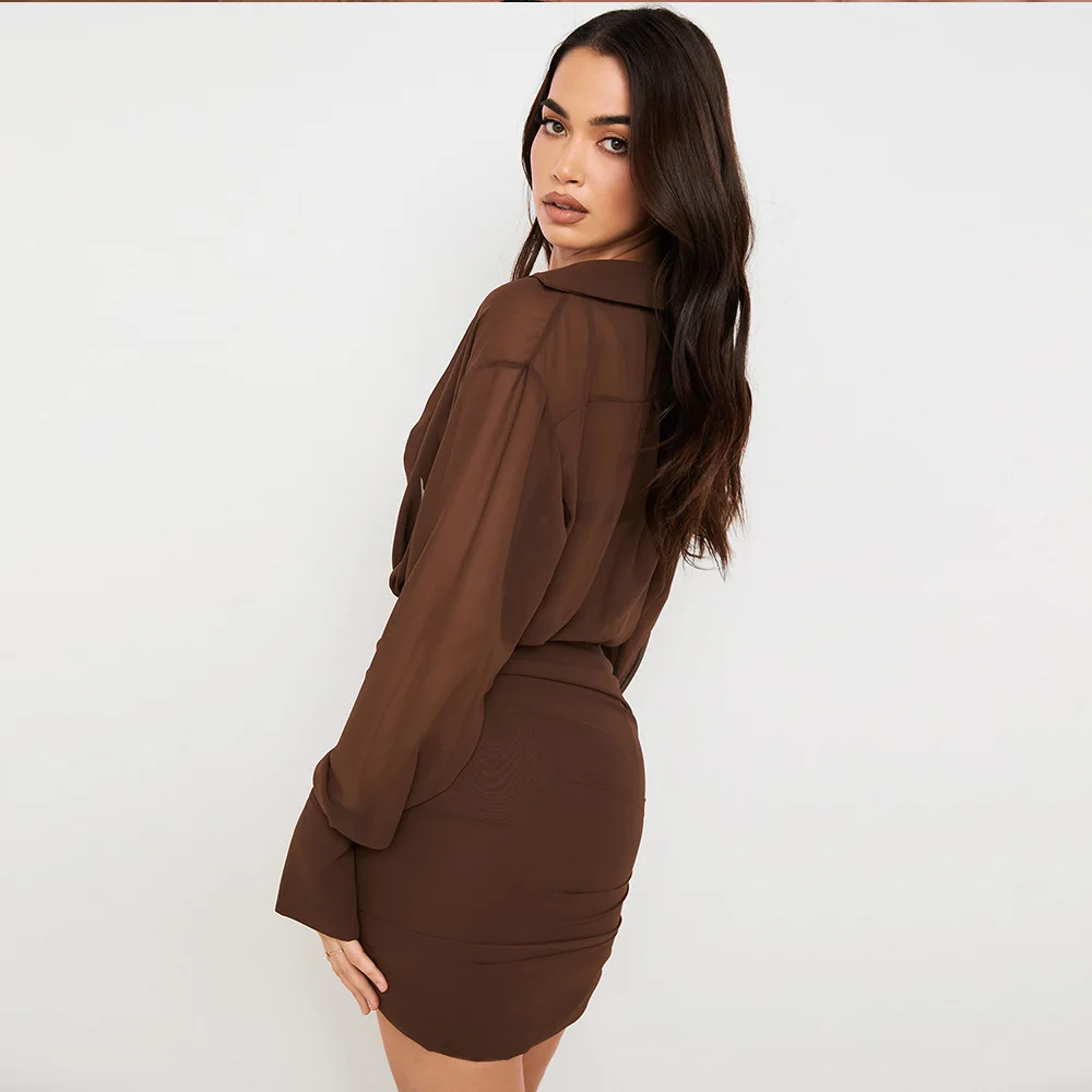 

Backstrom Women's Summer Fashion Chiffon Shirt Dresses Female Bralette Ruched Draped Backless Long Sleeve Vestidos Bodycon Dress